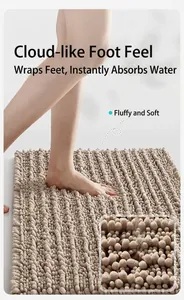 Macro detail of soft shaggy chenille bathroom mat showing high absorbency texture