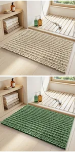 Soft absorbent chenille bath mats in beige and green shown in a minimalist bathroom