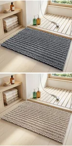 Detail view of chenille bathroom mats in grey and beige displayed in a spa-like setting