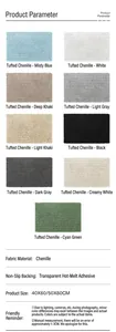 Absorbent chenille bath mat specifications showing various colors and non-slip details