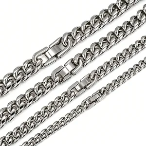 Vista detallada de cadenas cubanas de acero inoxidable en cuatro anchos con cierres