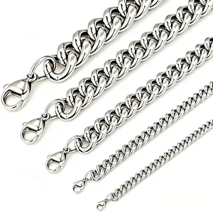 Detalle de collares de cadena de eslabones cubanos de acero inoxidable en cinco grosores