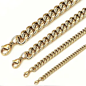 Set of four gold Cuban link necklaces in various thicknesses, high-polish stainless steel.