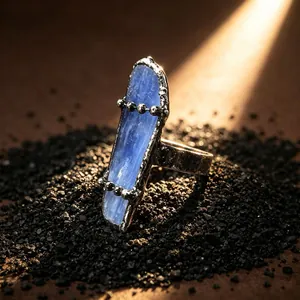 Vintage Natural Kyanite Raw Stone Adjustable Open Ring Antique Silver Finish Handmade Bohemian Style Jewelry