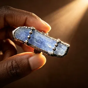 Close-up of vintage blue kyanite raw stone ring with antique silver finish detail