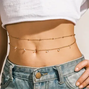 Trendy Double Layer Zinc Alloy Waist Chain With Rhinestone Tassel Pendant Simple Bead Chain Body Jewelry For Women Gift