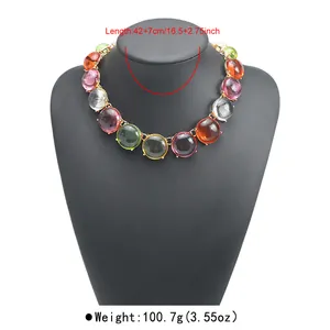 Detailed view of a colorful bohemian jelly bead necklace with length and weight info.
