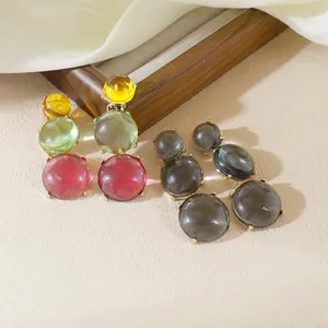 Detail view of Bohemian style colorful geometric jelly bead drop earrings for women