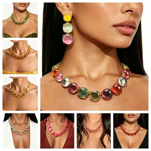 Vintage Geometric Bold Statement Necklace Alloy Resin Multicolor Resin Chunky Pendant Necklace Rhinestone Earrings For Women Jewelry