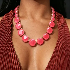 Vibrant pink geometric faceted chunky statement necklace in stylish Bohemian style