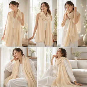 Multiple views of a beige pleated cotton linen scarf styled as a versatile ethnic shawl.