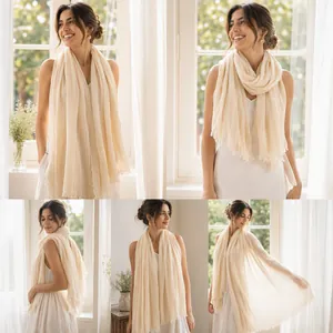 Detail view of lightweight crinkled cotton linen scarf shown in five various wearing styles