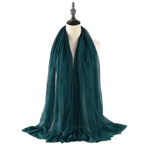 Dark teal crinkled cotton linen scarf for women, solid color hijab wrap