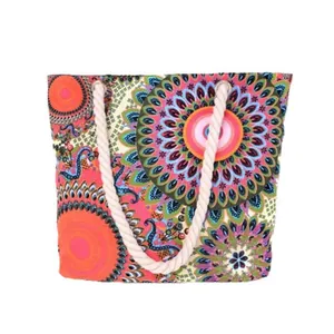Bohemian ethnic style canvas tote bag with colorful floral print and rope handles for women