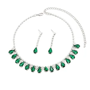 Elegant green teardrop necklace and earring set for bridal wedding and evening events
