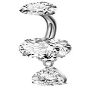 Close-up detail of silver F136 titanium belly ring with teardrop zircon stones