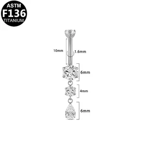 F136 titanium belly button ring with teardrop zircon stones and size details