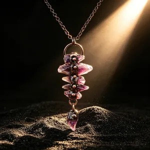 Gros plan d'un pendentif en améthyste brute sur une chaîne en cuivre sous lumière