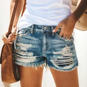 Women High Waist Ripped Denim Shorts Distressed Fringed Tassel Raw Hem Summer Casual Denim Shorts Fashion Hot Pants