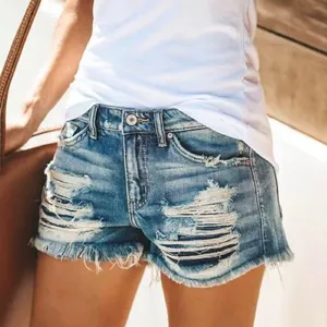 Stylish women's casual summer ripped denim shorts with fringe tassels and frayed hem