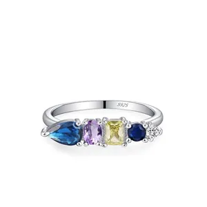 Anello in Argento Sterling 925 Geometrico Con Zirconia Multicolore da Donna Vintage Lussuoso Anello da Dito Gioielli