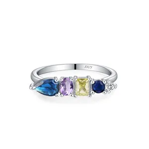 Elegante anello in argento sterling S925 con gemme geometriche multicolori da donna