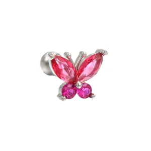 Boucle d'oreille de cartilage papillon en zircon rose avec fermoir à vis sécurisé