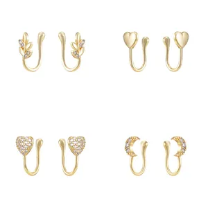 Boucles d'Oreilles Clips en Laiton Zirconia en Forme de U Manchette d'Oreille Anneau de Nez Cœur Feuille Lune Étoile Bijoux Femme