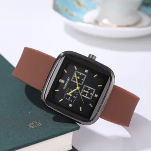 Women Fashion Square Quartz Watch With Silicone Strap Rhinestone Dial Decorative Three Eye Design Casual Lady Wrist Watch