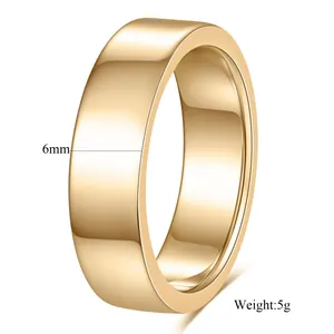 Detailed view of a 6mm polished 14K gold stainless steel band ring, weight 5g.