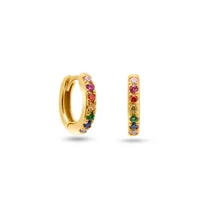 Elegant rainbow zirconia small gold huggie hoop earrings with multi-color stones for women