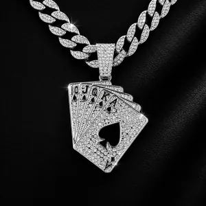 Collier Pendentif Poker Quinte Flush Royale Hip Hop Alliage Strass Maille Cubaine pour Hommes Femmes Bijoux Streetwear