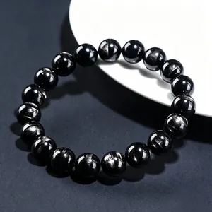 Natural black hypersthene round bead bracelet with silver metallic sheen effects