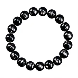 Natural golden sheen obsidian round bead bracelet with glossy finish on white background