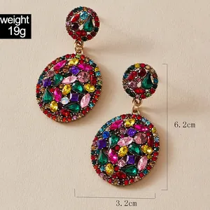 Detailed view of colorful rhinestone drop earrings with 6.2cm height and 19g weight