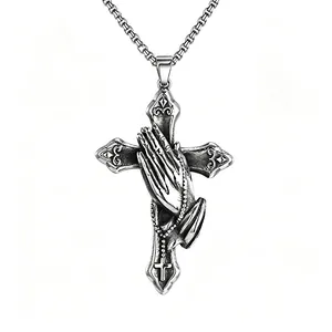 Retro Stainless Steel Praying Hands Cross Pendant Necklace For Men Women Gothic Punk Rhinestone Hexagram Skull Grim Reaper Jewelry Gift