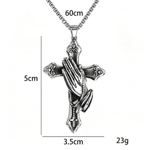 Vintage stainless steel praying hands cross pendant necklace with size dimensions