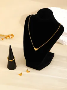 Detailed view of gold heart jewelry set with necklace earrings and ring on display