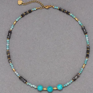 Vintage natural stone beaded necklace with turquoise and dark mottled mix for women