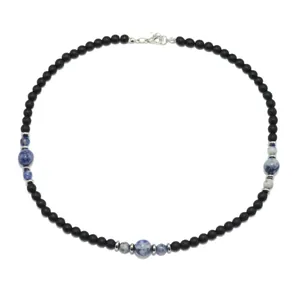 Handmade punk style beaded necklace with black natural stones and blue accents