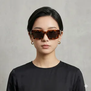 Lunettes de soleil carrées rétro à monture écaille sur mannequin, design chic à petit cadre.