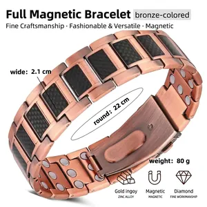 Detail view of a bronze-colored magnetic zinc alloy bracelet showing dimensions and weight
