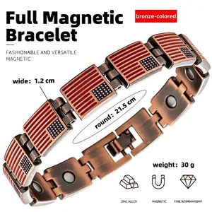 Detailed view of copper-colored magnetic bracelet featuring American flag design links
