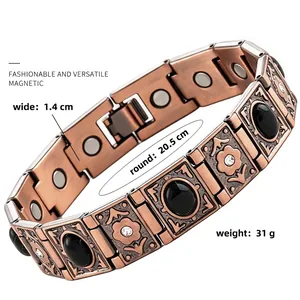 Detail view of bronze-colored magnetic bracelet featuring floral patterns and rhinestones.