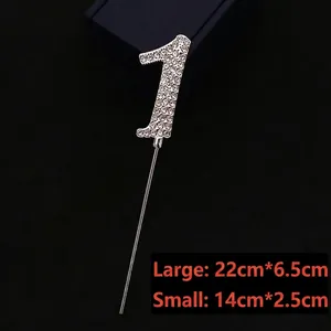 Detailed close-up of sparkling rhinestone number 1 cake topper showing dimensions.