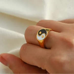 Waterproof Stainless Steel Yin Yang Ring For Women Men 18K Gold Plated Enamel Tai Chi Signet Finger Ring Jewelry Gift