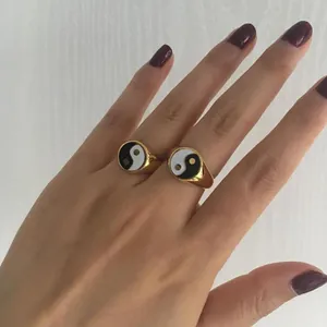 Chunky 18K gold plated stainless steel Yin Yang signet ring for women jewelry accessory
