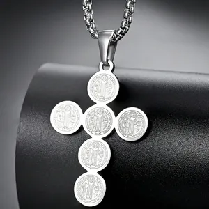 Silver alloy St. Benedict medal cross pendant necklace with box chain for men and women
