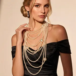 Elegante Juego de Joyas de Aleación de Perlas Artificiales de Imitación para Mujer Collar de Varias Capas de Cuentas Redondas y Pendientes