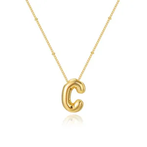 Fashionable gold plated 3D bubble letter C pendant necklace with a minimalist bead chain